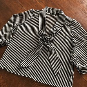 Lucca Couture Sheer Blouse Stripes Tie Collar SM